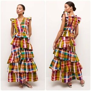Marie Oliver Womens Boho Resort Madras Plaid Tiered Marisol Maxi Dress Size M